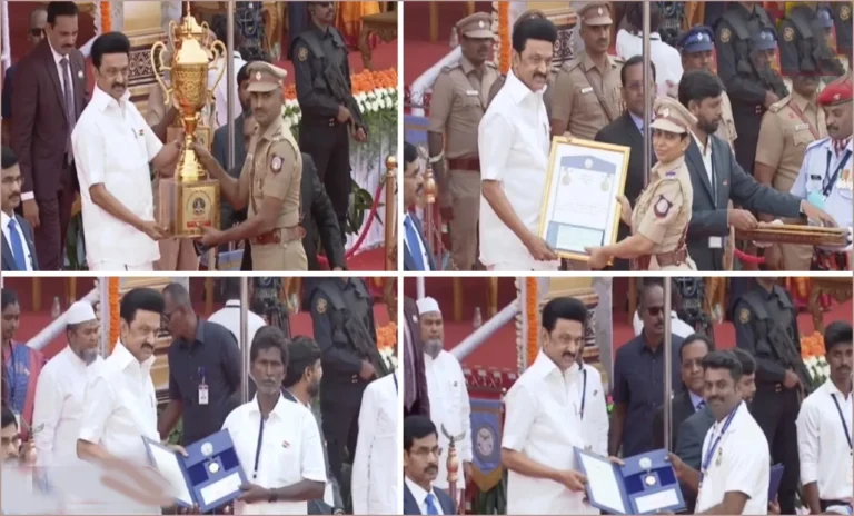 குடியரசு தின விழா : காந்தியடிகள் பதக்கம் 5 பேர்க்கு வழங்கினார் முதலமைச்சர் மு.க.ஸ்டாலின் குடியரசு தின விழா : காந்தியடிகள் பதக்கம் 5 பேர்க்கு வழங்கினார் முதலமைச்சர் மு.க.ஸ்டாலின்
