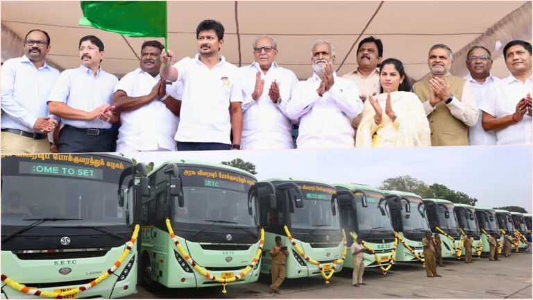 நவீன 150 புதிய பேருந்துகள் : கொடியசைத்து தொடங்கி வைத்தார் அமைச்சர் உதயநிதி ஸ்டாலின் நவீன 150 புதிய பேருந்துகள் : கொடியசைத்து தொடங்கி வைத்தார் அமைச்சர் உதயநிதி ஸ்டாலின்